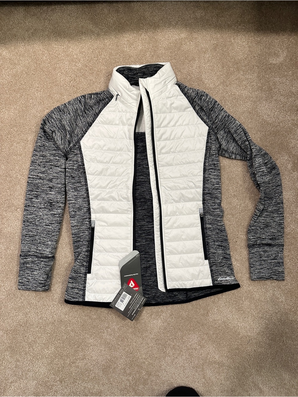 Eddie Bauer White Quilted Front Hybrid Jacket with Heather Gray Sleeves